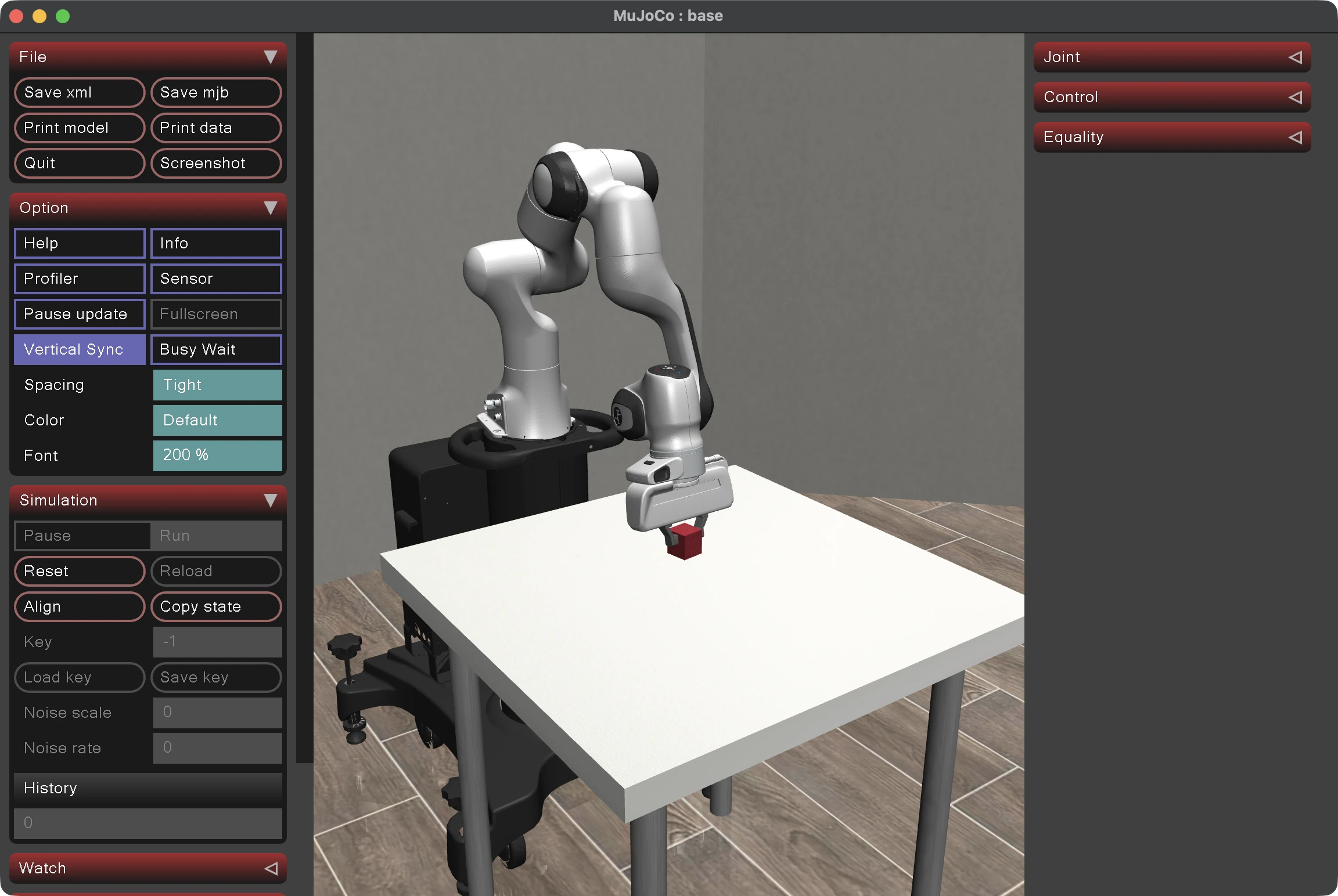 robosuite's Lift task running in MuJoCo's viewer on your machine.